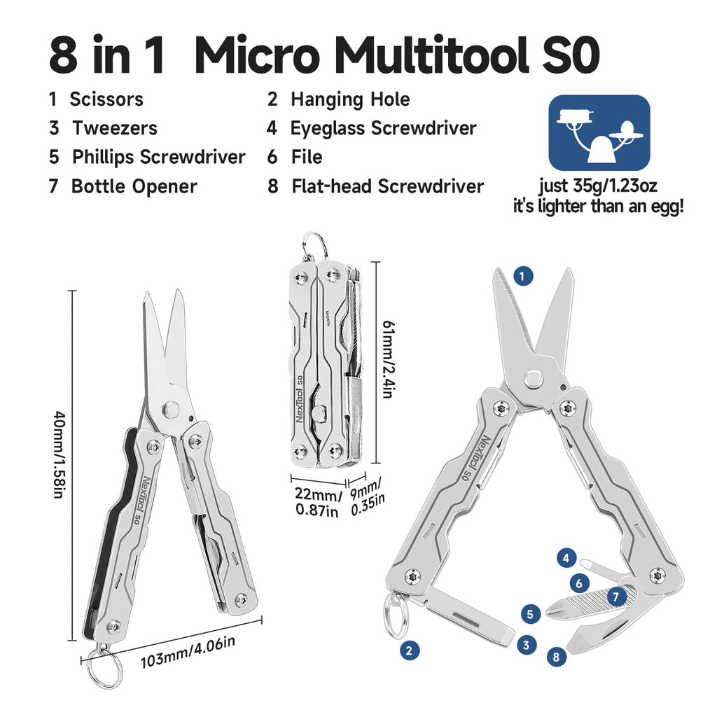 NexTool Micro Sailor Scissors S0, Mini Keychain Multitool with Serrated Scissors, 8-in-1 Lightweight EDC Tool for Travel, Outdoor, Everyday Carry, Cool Gadget for Men