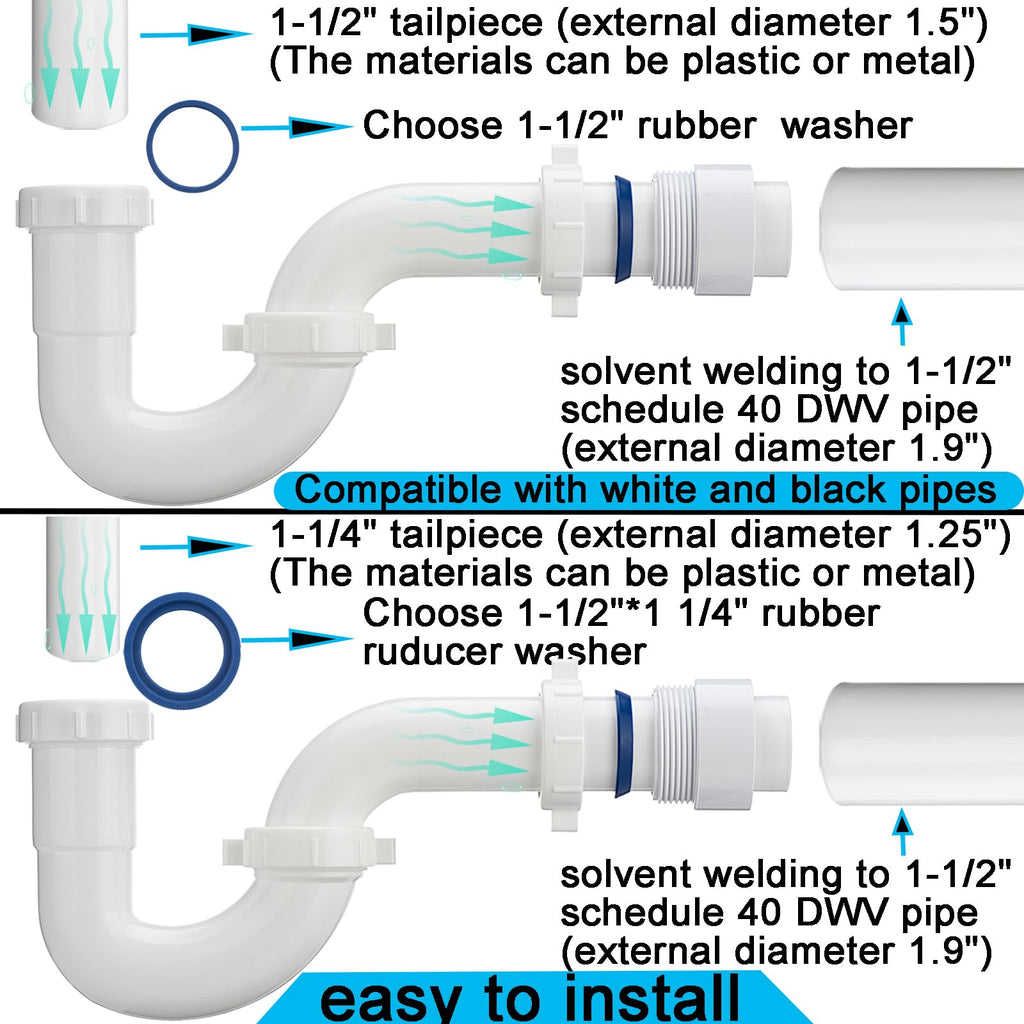 (1 Pack) Yariwiz White P Trap 1 1/2 Inch for Bathroom Kitchen Sink Drain Pipe Tubular Kit with White Threaded Adapter and Blue TPE Washer KSD-001W