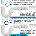 (1 Pack) Yariwiz White P Trap 1 1/2 Inch for Bathroom Kitchen Sink Drain Pipe Tubular Kit with White Threaded Adapter and Blue TPE Washer KSD-001W