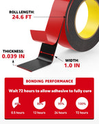 HitLights Double Sided Tape Heavy Duty, 1 in x 24.6 ft, Adhesive Mounting Tape Waterproof, Strong Double Stick Foam Tape for Walls Poster Automotive Outdoor Home (Pack of 1)