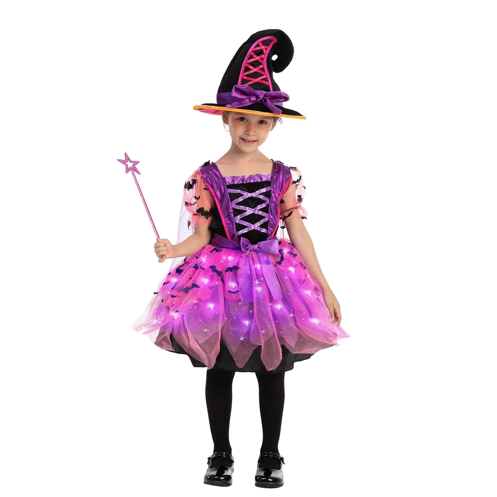 Spooktacular Creations Girls Light Up Witch Costume, Kids Witch Costume with Hat and Broom for Toddler Halloween Dress Up Parties (Toddler (3-4yr))