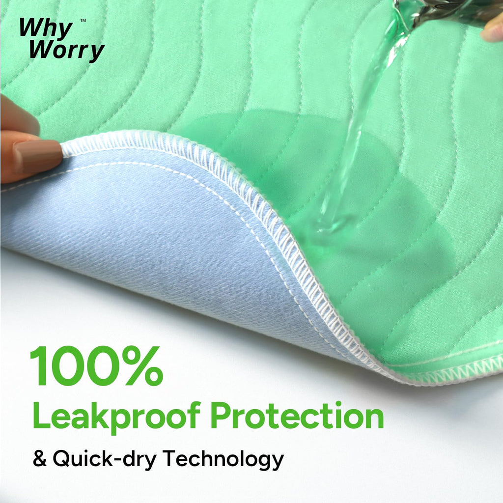 WhyWorry Washable Bed Pads for Adult Incontinence, 34" x 36" (Pack of 2) Washable Pee Pads for Bed Wetting, Heavy Absorbency Reusable Underpads for Elderly & Kids, Waterproof Mattress Protector, Green