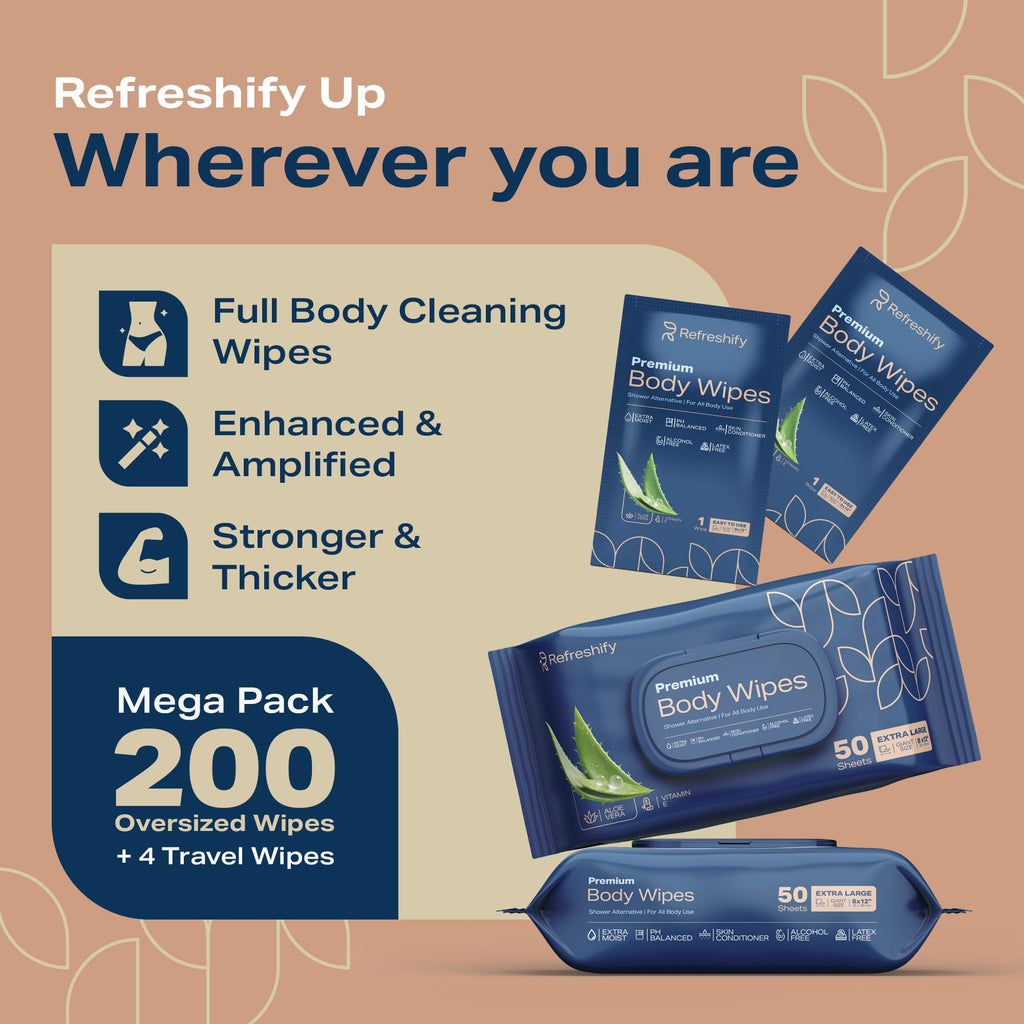 XL Aloe Vera Shower Body Wipes for Adults 8" x 12" (200 count) Adult Wipes for Elderly, Shower Body for Adults Bathing No Rinse, Vitamin E +4 Travel