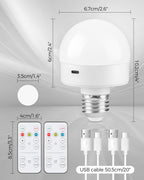 GOEBLESON Rechargeable Light Bulbs with Remote Control 2 Packs, Battery Operated Light Bulbs with Timer & 3 Color Temperature, Detachable Wireless LED Bulb for Lamp, E26 Base, Non-Hardwired, W01YBP206