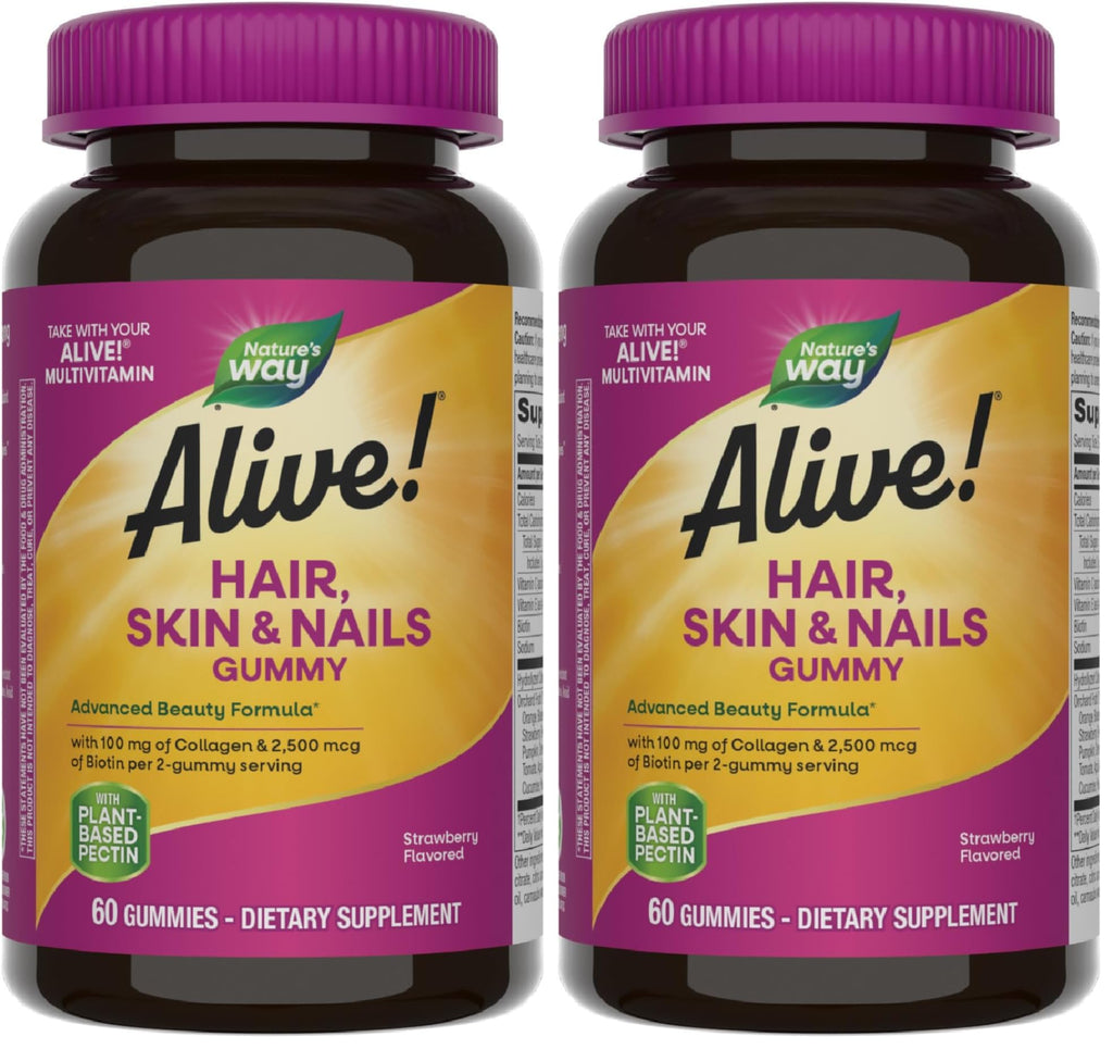 Nature's Way Alive! Hair, Skin & Nails Gummies, Advanced Beauty Formula*, with Biotin and Collagen, Strawberry Flavored, 60 Gummies (Packaging May Vary) (Pack of 2)