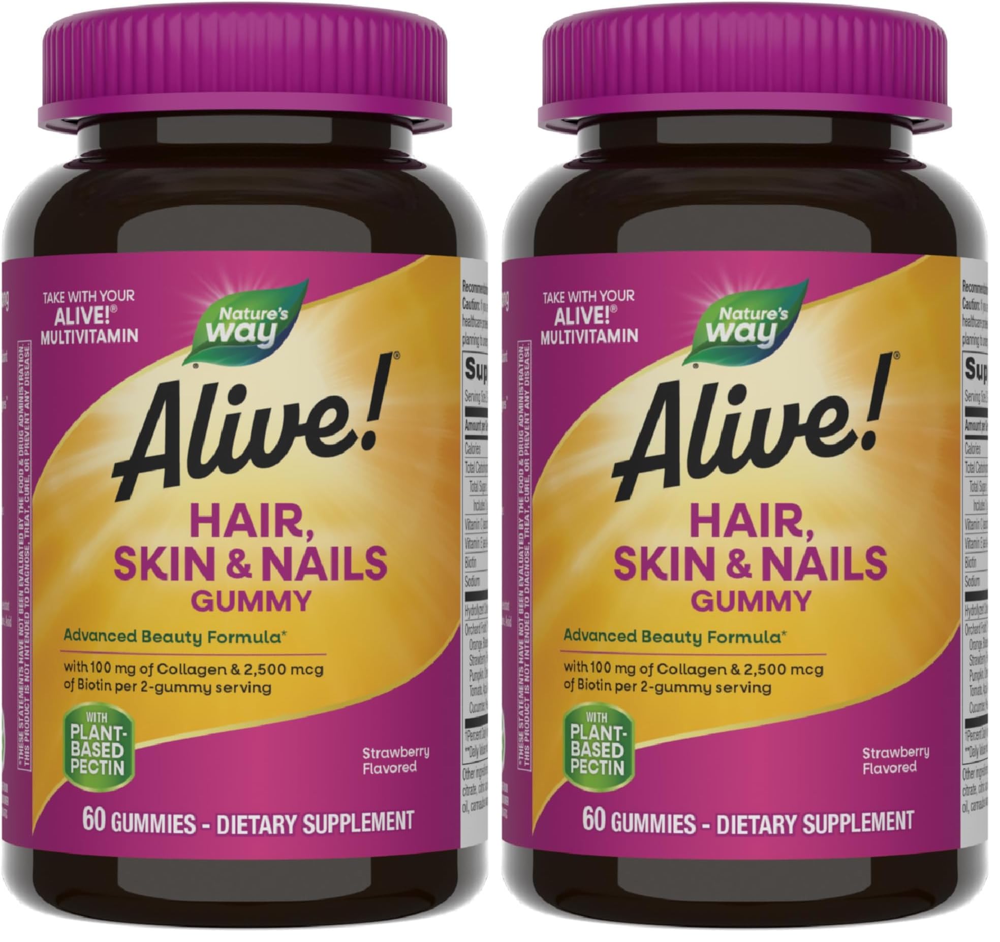 Nature's Way Alive! Hair, Skin & Nails Gummies, Advanced Beauty Formula*, with Biotin and Collagen, Strawberry Flavored, 60 Gummies (Packaging May Vary) (Pack of 2)