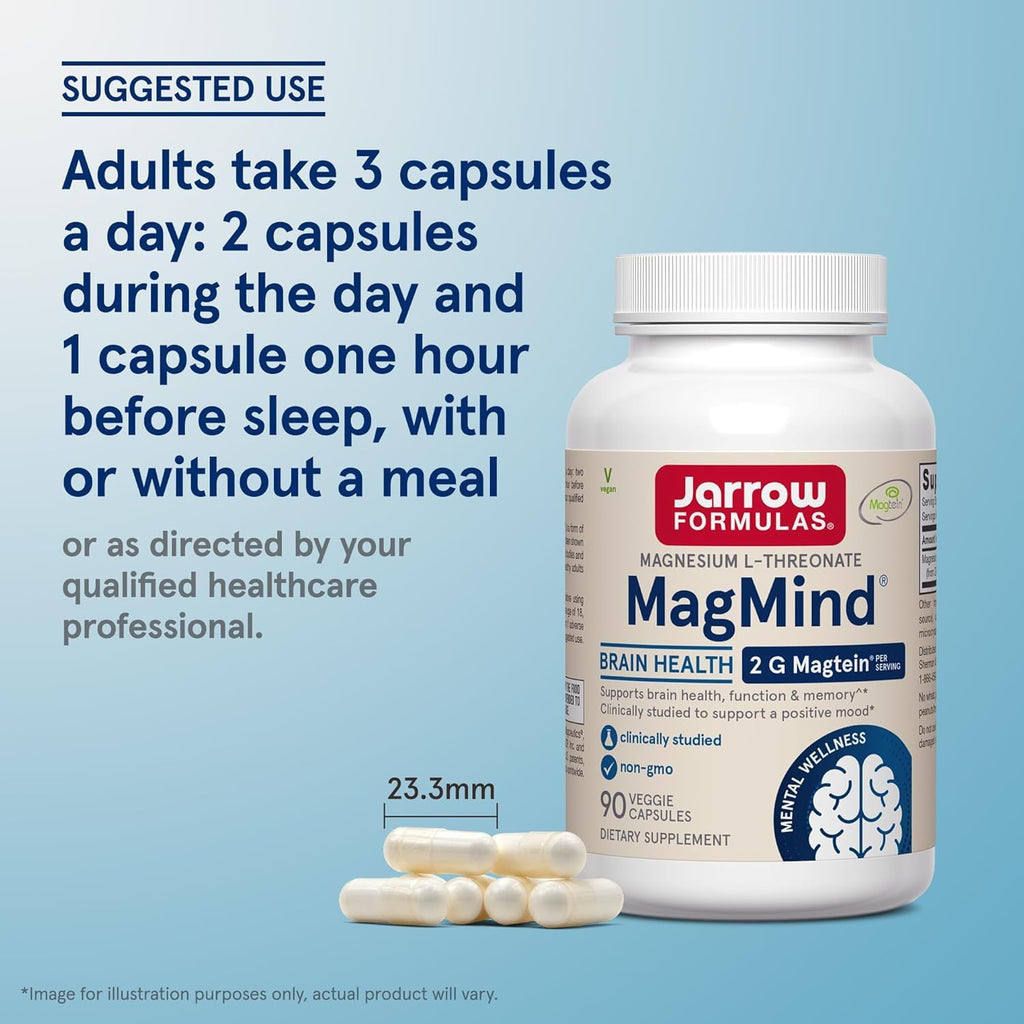 Jarrow Formulas MagMind - 90 Capsules - Includes Magnesium L-Threonate (Magtein) - Supports Brain Health & Function - 30 Servings (Pack of 2)