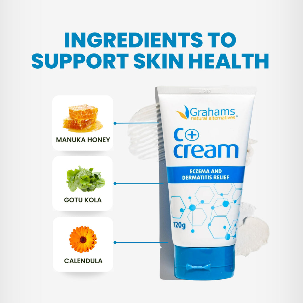 Grahams Natural C+ Eczema Relief Cream - Steroid-Free Moisturizer Soothes Dermatitis, Inflammation, Redness Treatment for Irritated, Dry Skin - All Natural Ingredients with Manuka Honey, (4.23oz)