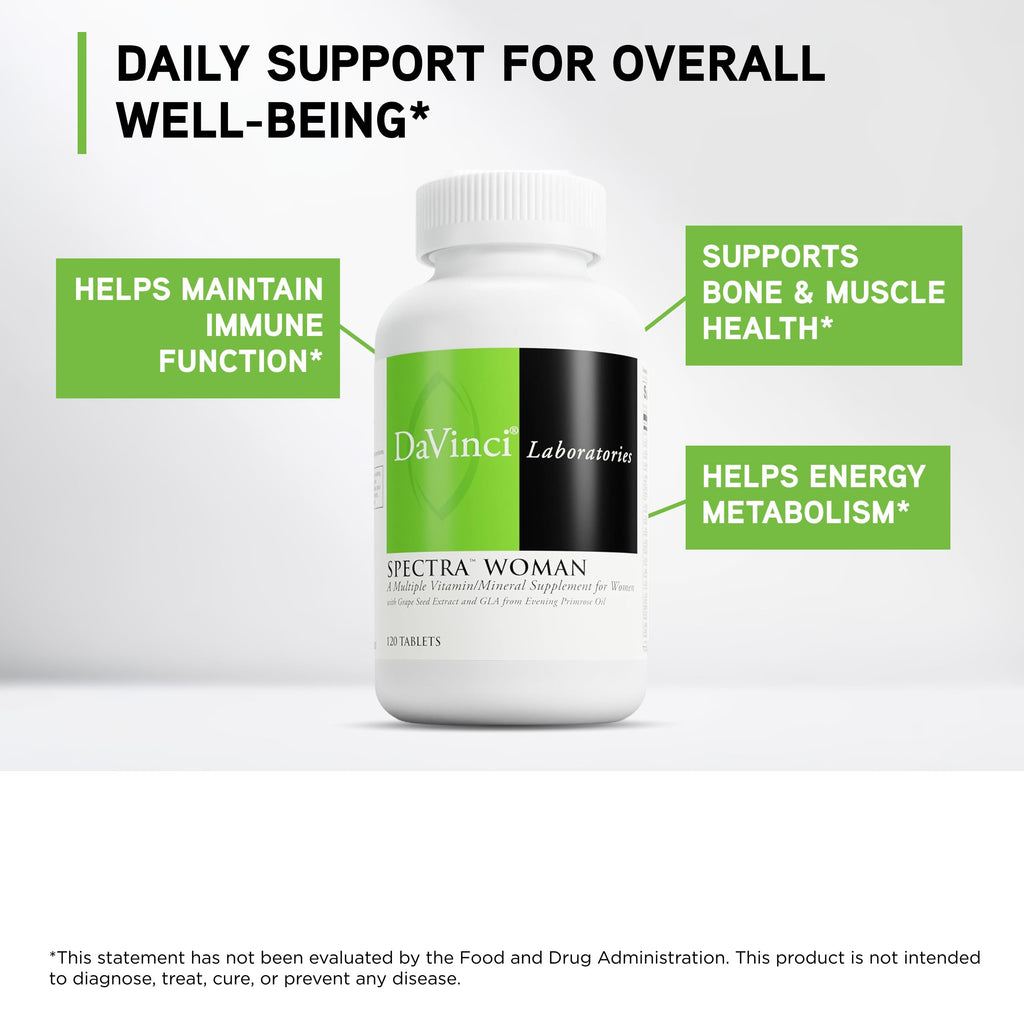 DaVinci Labs Spectra Woman - Dietary Supplement to Support Bone Health and Women's Needs - with Vitamins, Minerals, Calcium, Beta Carotene, L-Cysteine, Grape Seed Extract, and More - 120 Tablets