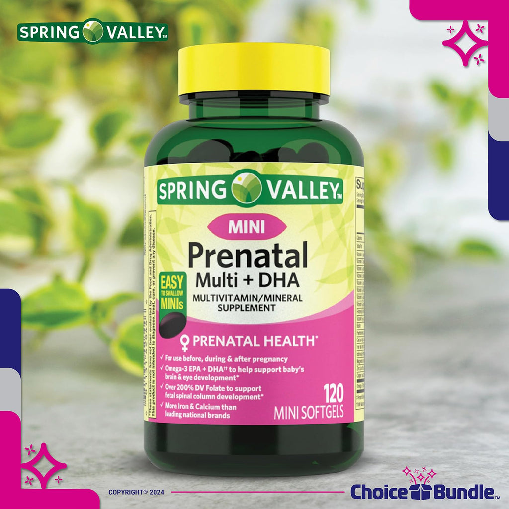 Choice Bundle Spring Valley Prenatal Multi + DHA Complete Multivitamin Multimineral Supplement Mini Softgels 120 Ct 3 pk (360 Total) + Vitamin Guide & Pill Container (5 Items)!