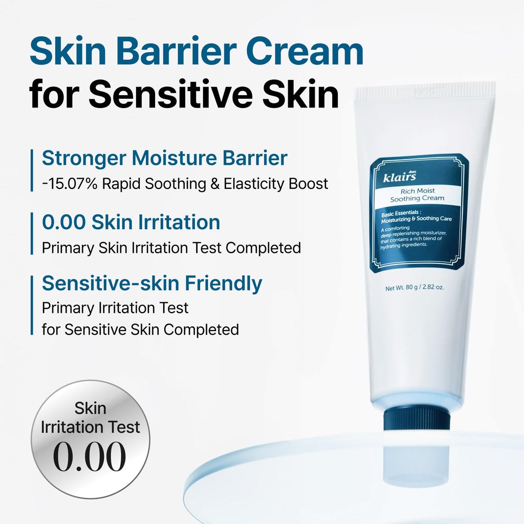 DearKlairs Rich Moist Soothing Cream | Intense Barrier Repair with Ceramide, Centella Asiatica, Beta-Glucan, Korean Face Moisturizer for Instant Dryness Relief, 24 Hour Lasting Hydration 2.82 Fl Oz