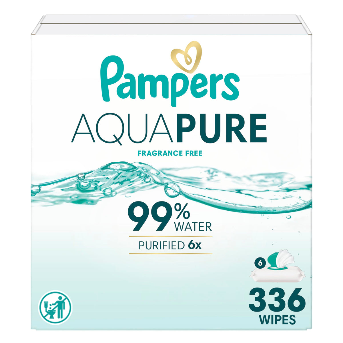 Pampers Aqua Pure Baby Wipes, Unscented, Fragrance Free, 99% Water, Water Based, Multi-Use, 336 Wipes Total (6X Flip-Top Packs)
