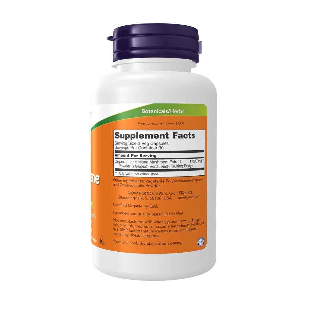 NOW Foods Supplements, Lion's Mane 500 mg, Super Mushroom, Made with Organic Lion's Mane Mushrooms, 60 Veg Capsules