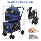 Petmolico Double Pet Stroller for 2 Cats/Dogs Strollers,2 Detachable Cat Carrier,No-Zip Double Pet Travel Storller for Small/Medium Dogs(Blue&Black)