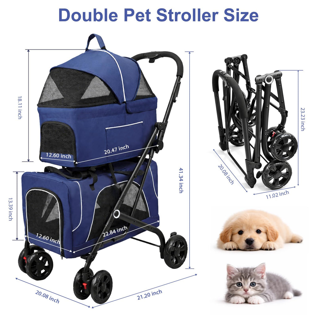 Petmolico Double Pet Stroller for 2 Cats/Dogs Strollers,2 Detachable Cat Carrier,No-Zip Double Pet Travel Storller for Small/Medium Dogs(Blue&Black)