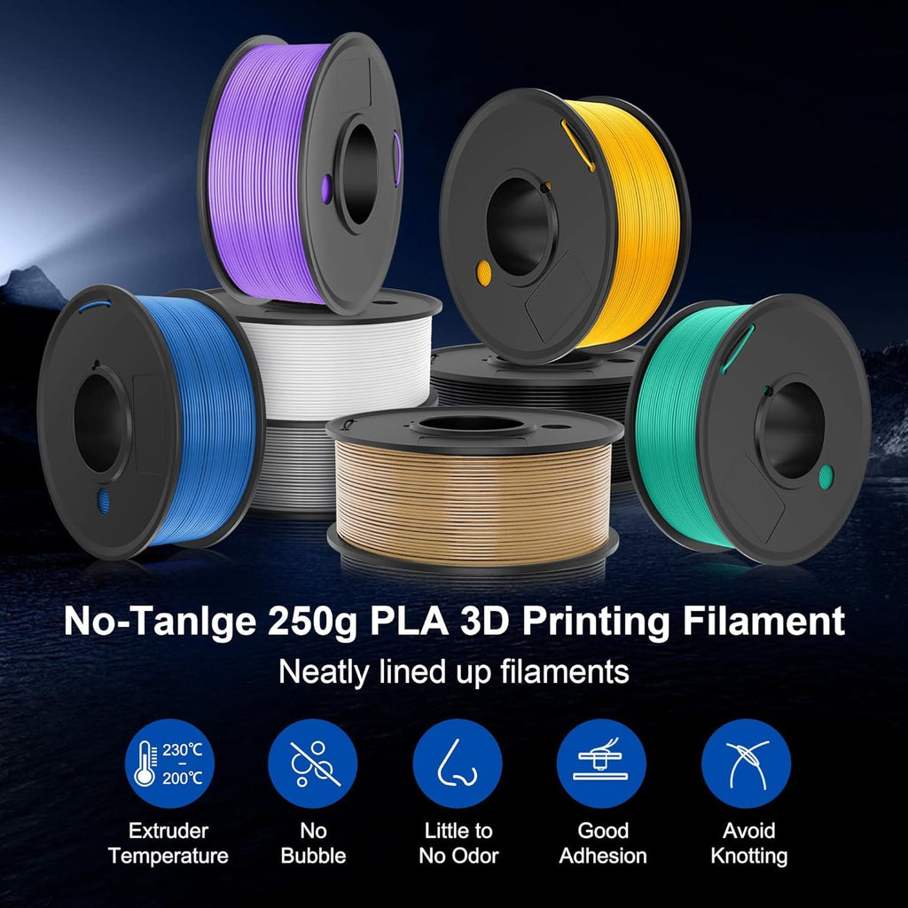 SUNLU 3D Printer Filament, Neatly Wound 250G Spool PLA Filament Bundle, 1.75mm PLA Filament Muticolor, High Compatiblity, 8 Rolls, Black+White+Grey+Burlywood+Purple+Bluegrey+GrassGreen+PureYellow