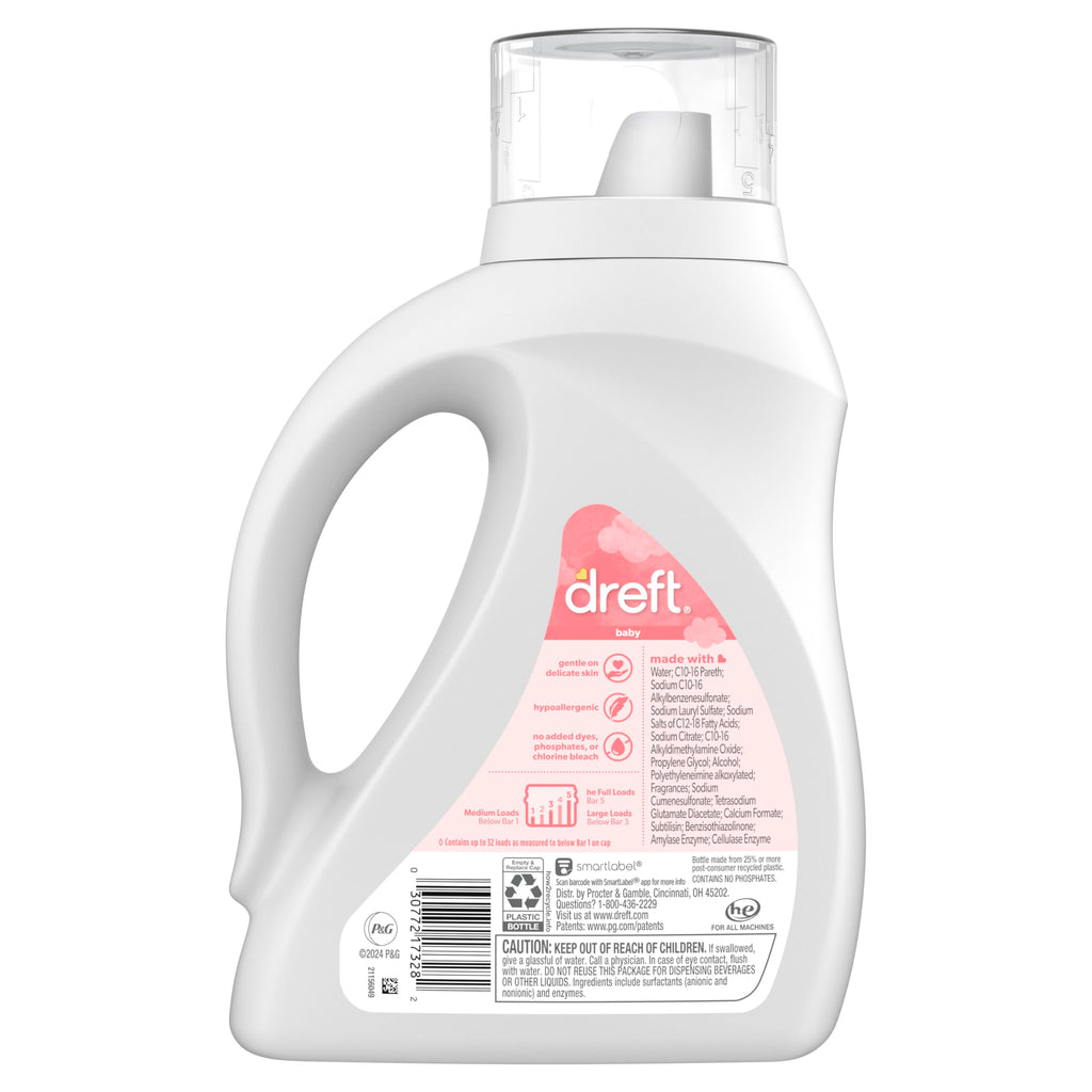 Dreft Baby Liquid Laundry Detergent, Gentle on Sensitive Skin Laundry Soap, 42 fl oz, 32 Loads, Pack of 2 (Packaging May Vary)