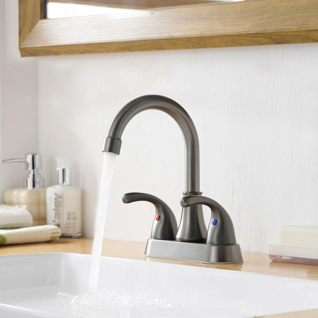 Bathroom Sink Faucet FRANSITON 4 Inch 2 Handle Lead-Free Brushed Grey Bath Sink Faucet with Pop-up Drain Stopper and Supply Hoses