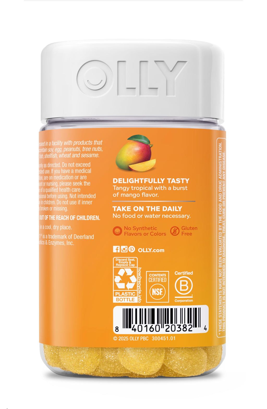 OLLY Probiotic Gummy, Immune and Digestive Support, 1 Billion CFUs, Chewable Probiotic Supplement, Mango, 60 Day Supply - 120 Count