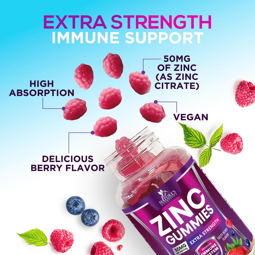 Zinc Gummies 50mg Per Serving - Immune Skin & Bone Support Health Gummy - Premium Antioxidant Chewable, High Absorption Vegan, Best Zinc Supplements Vitamin for Adults, Tasty Berry Flavor, 120 Gummies