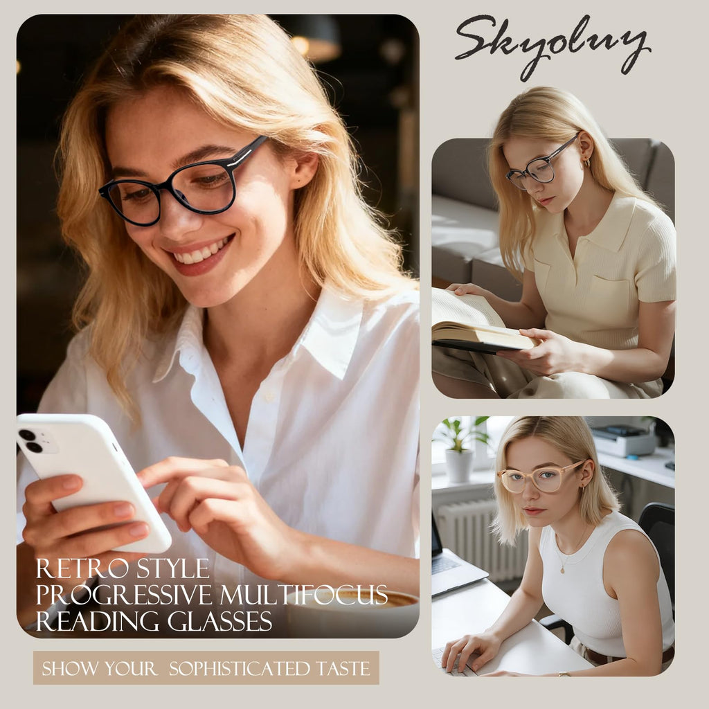 SKYOLUY 2 PCS Distinctive Progressive Multifocus Reading Glasses Women, Retro Anti Blue Light/Eye Fatigue/UV Computer Readers, Vintage Lady No-Line Multifocal Eyeglasses (Brown&Light Apricot, 1.5x)