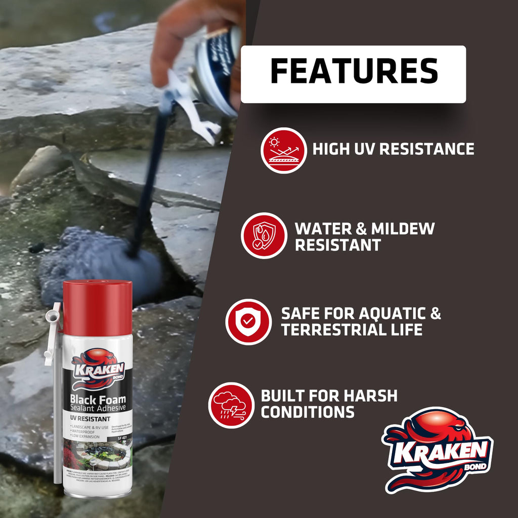 Kraken Bond Black Spray Waterfall Foam Sealant - (2x12oz) Expanding Polyurethane Pond Foam Sealer Black, UV Resistant Insulating Spray for Landscape & Exterior, Straw Use, 2 Pack