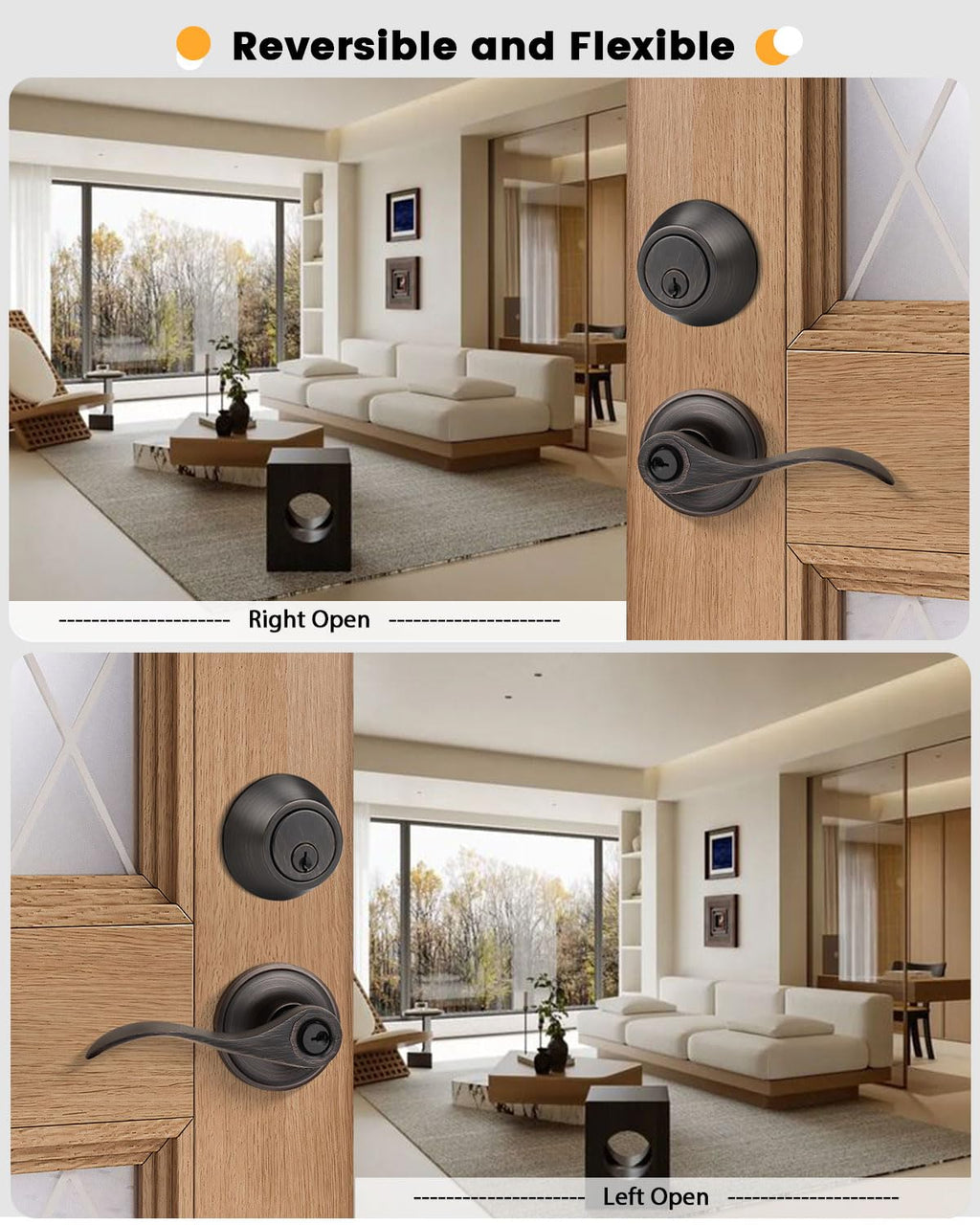 Gobrico Oil Rubbed Bronze Keyed-Alike Door Levers and Single Cylinder Deadbolts Combination Locksets, 2 Pack Front/Entry Handleset with Same Key, Reversible Wave Handles for Exterior Doors