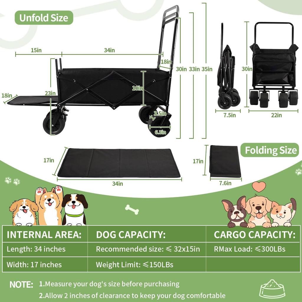 Dog Stroller for Large Dogs,Pet Stroller for Medium Dogs Up to 150lbs,Folding Dog Wagon Cart,Heavy Duty All-Terrain with Adjustable Handle,Storage Organizer,Waterproof Oxford Fiber,Black