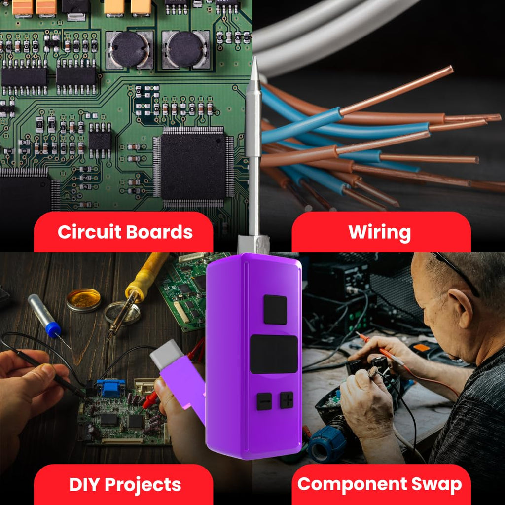 Mini Rechargeable Soldering Iron Pen, with Built-In USB C Battery Cable, Adjustable Voltage 1.5v-4.2v, LED Display, Removable Thread Burner Tip (Purple)
