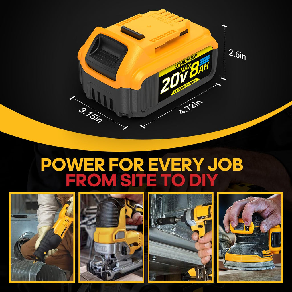 8Ah Replacement Compatible for Dewalt 20V Max Battery with High Capacity Batteries Cordless Power Tools 20 Volt Baterías DCB201 DCB203 DCB204 DCB205 DCB205c DCB205-2 DCB206 2 Pack Batteries Pilas