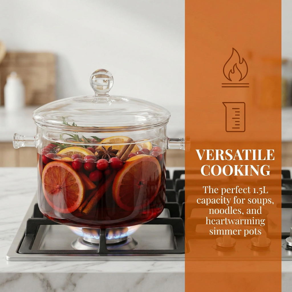 Jucoan 1.5L/50oz Glass Saucepan with Cover, Heat Resistant Stovetop Glass Cooking Pot with Lid for Pasta Noodle, Soup, Milk, Clear Simmer Pot for Potpourri Christmas Holiday Home Fragrance