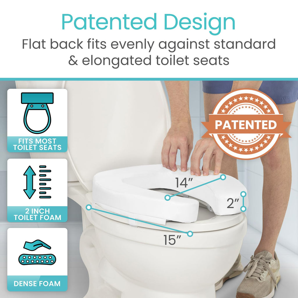 Vive Toilet Seat Riser Cushion for Seniors - Universal Fit - Raised Toilet Seat with High-Density Foam for Elongated & Standard - Firm Handle, Cushioned & Padded - Elevated Medical Handicap Lifter
