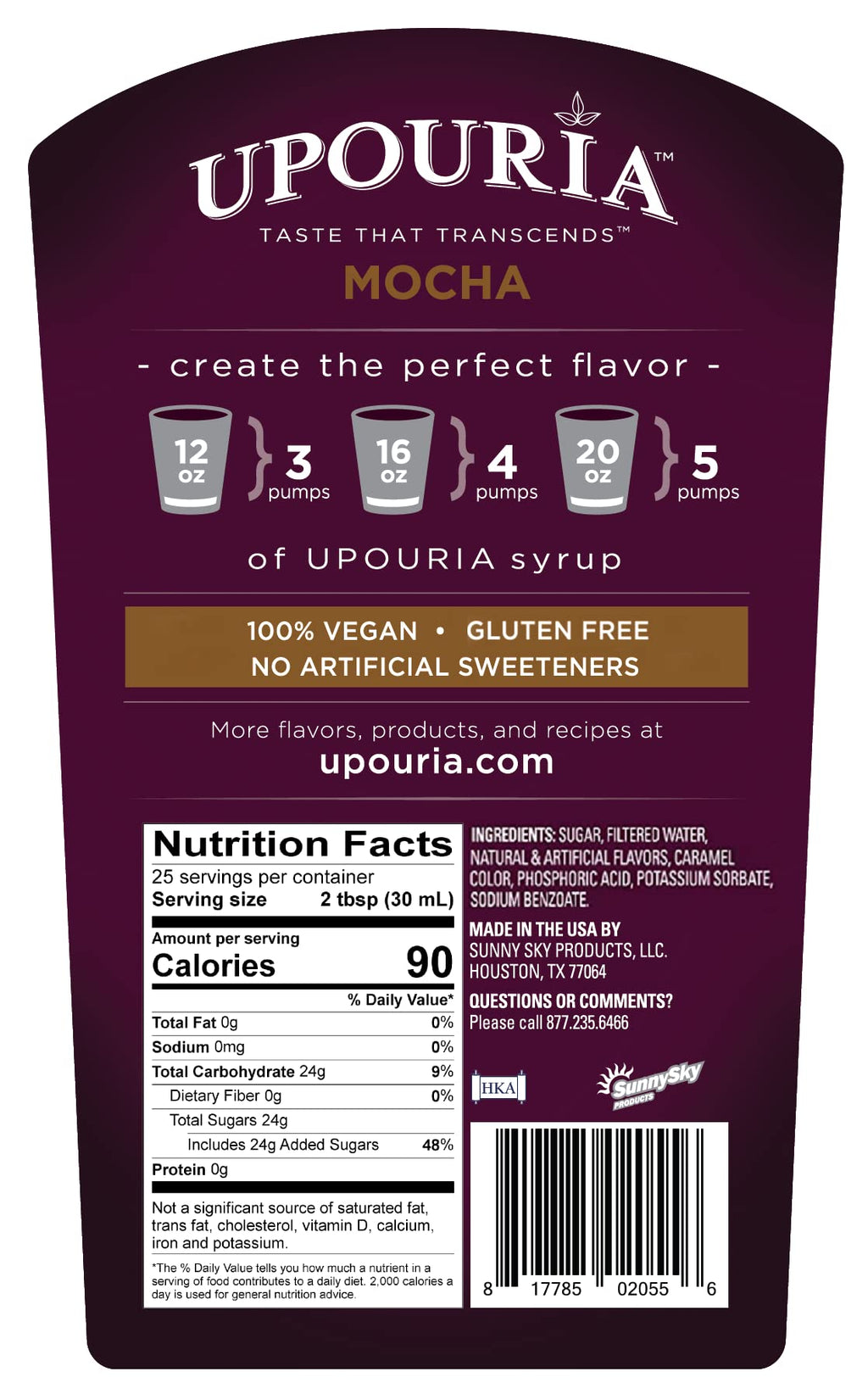 Sunny Sky Upouria Coffee Syrup Variety Pack - French Vanilla, Mocha, and Caramel Flavoring, 100% Vegan, Gluten Free, Kosher, 750 mL Bottle - 3 Coffee Syrup Pumps Included