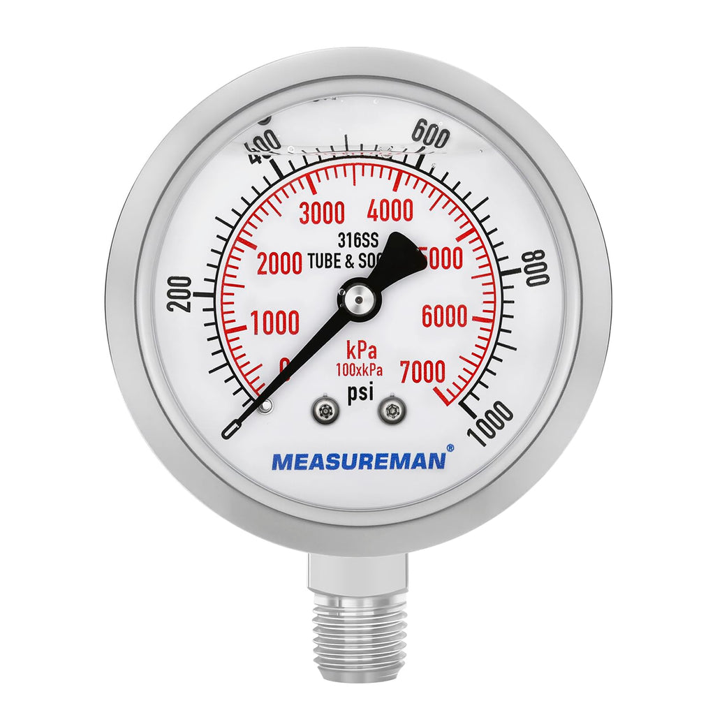 MEASUREMAN 2-1/2" Dial Size, Glycerin Filled Pressure Gauge, 0-1000psi/kpa, 304 Stainless Steel Case, 1/4" NPT Center Back Mount