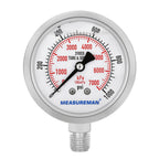 MEASUREMAN 2-1/2" Dial Size, Glycerin Filled Pressure Gauge, 0-1000psi/kpa, 304 Stainless Steel Case, 1/4" NPT Center Back Mount