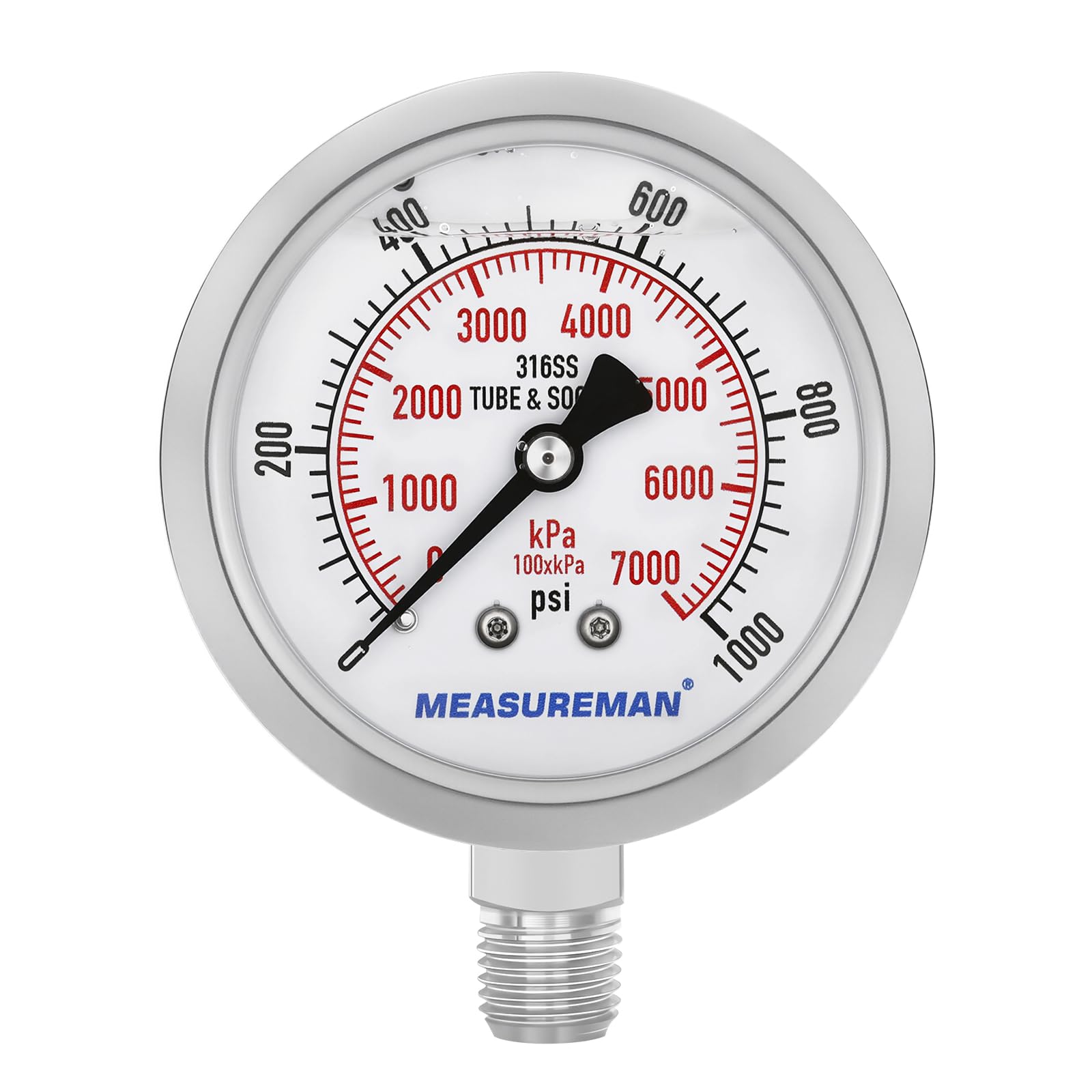 MEASUREMAN 2-1/2" Dial Size, Glycerin Filled Pressure Gauge, 0-1000psi/kpa, 304 Stainless Steel Case, 1/4" NPT Center Back Mount