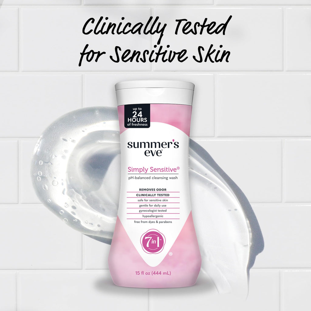 Summer’s Eve Simply Sensitive All-Over Daily Feminine Wash, Gentle pH-Balanced Body Wash for Women, Feminine Care to Remove Vaginal Odor, Gynecologist Tested, 15 Fl Oz, Pack of 3