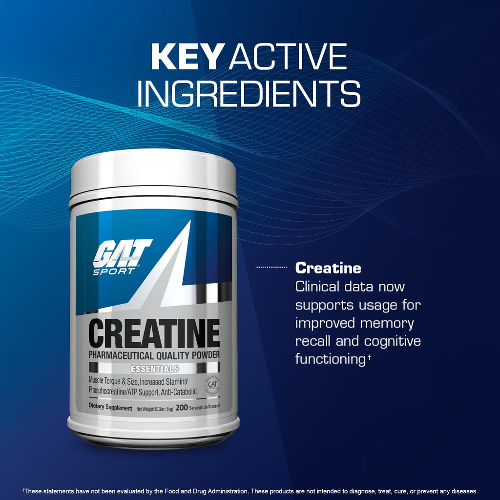 GAT SPORT Creatine Monohydrate Powder 1000 Grams, Strength, GLP1 Support, Brain Health, Anti-oxidant, Endurance, for Men & Women, 1 Kilo, Unflavored