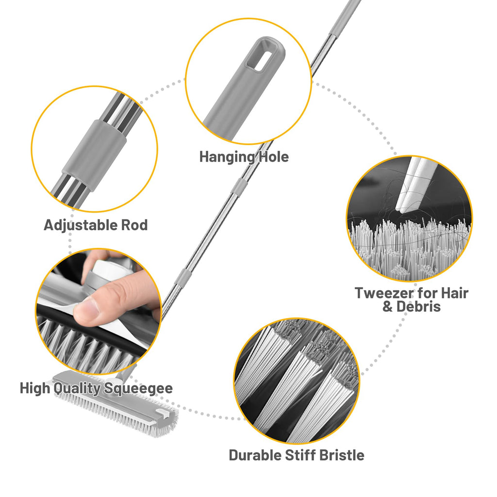 EHADOO Floor Scrub Brush with Long Handle: 3 in 1 Heavy-Duty Floor Scrubber Brush with Squeegee for Cleaning Tile Bathroom Deck Kitchen Patio - Gray
