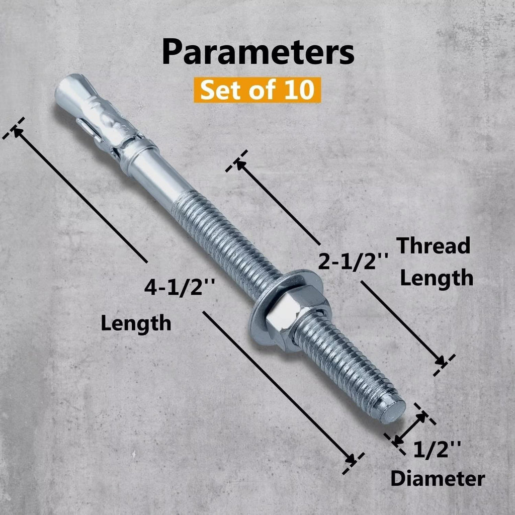 Party Animals 1/2 x 4-1/2 Inch Wedge Anchor, 10 PCs Zinc-Plated Industrial Anchor Bolts for Cement, Concrete