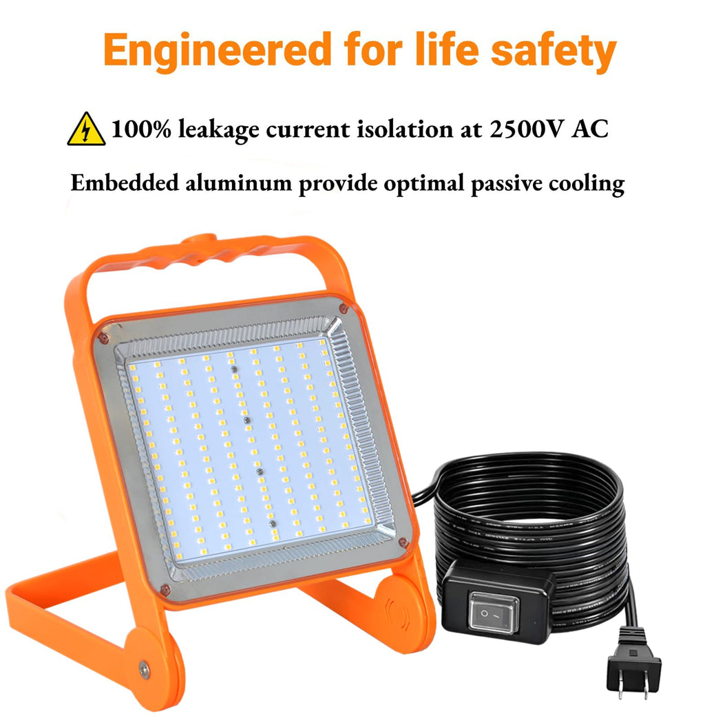 2-Pack 50W Super Bright LED Work Light - 8,000LM (500W Equivalent), IP65 Waterproof, 10ft Heavy Duty Cord, 5000K Daylight, Adjustable Flood Lights for Workshop, Garage, Construction Site
