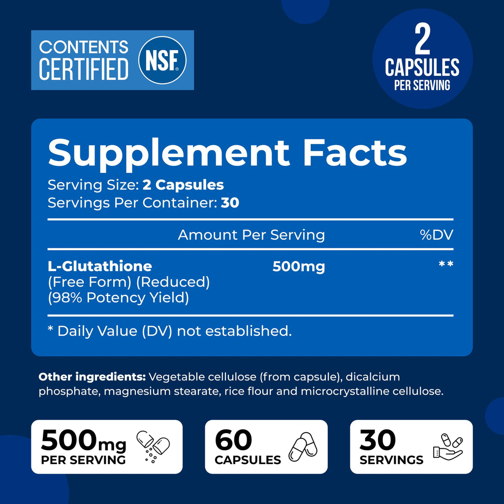 We Like Vitamins NSF Certified Glutathione Supplement 500mg - 60 Capsules of Reduced L-Glutathione for Antioxidant & Immune Support - Manufactured in USA