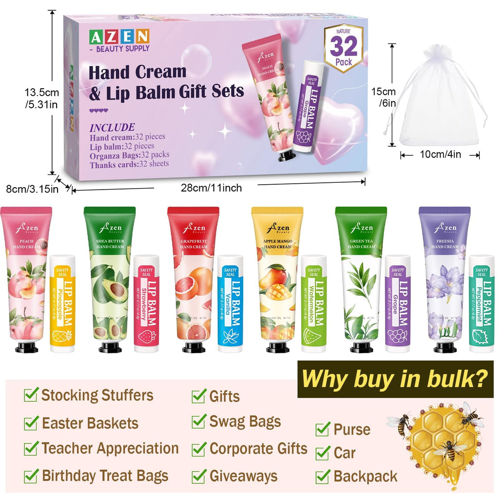 AZEN 32 Sets Bulk Gifts, Hand Cream and Lip Balm Bulk Set with Organza Bag Thank You Card, Baby Shower Wedding Gifts for Guests, Bridal Wedding Favors, Valentines Gift for Women