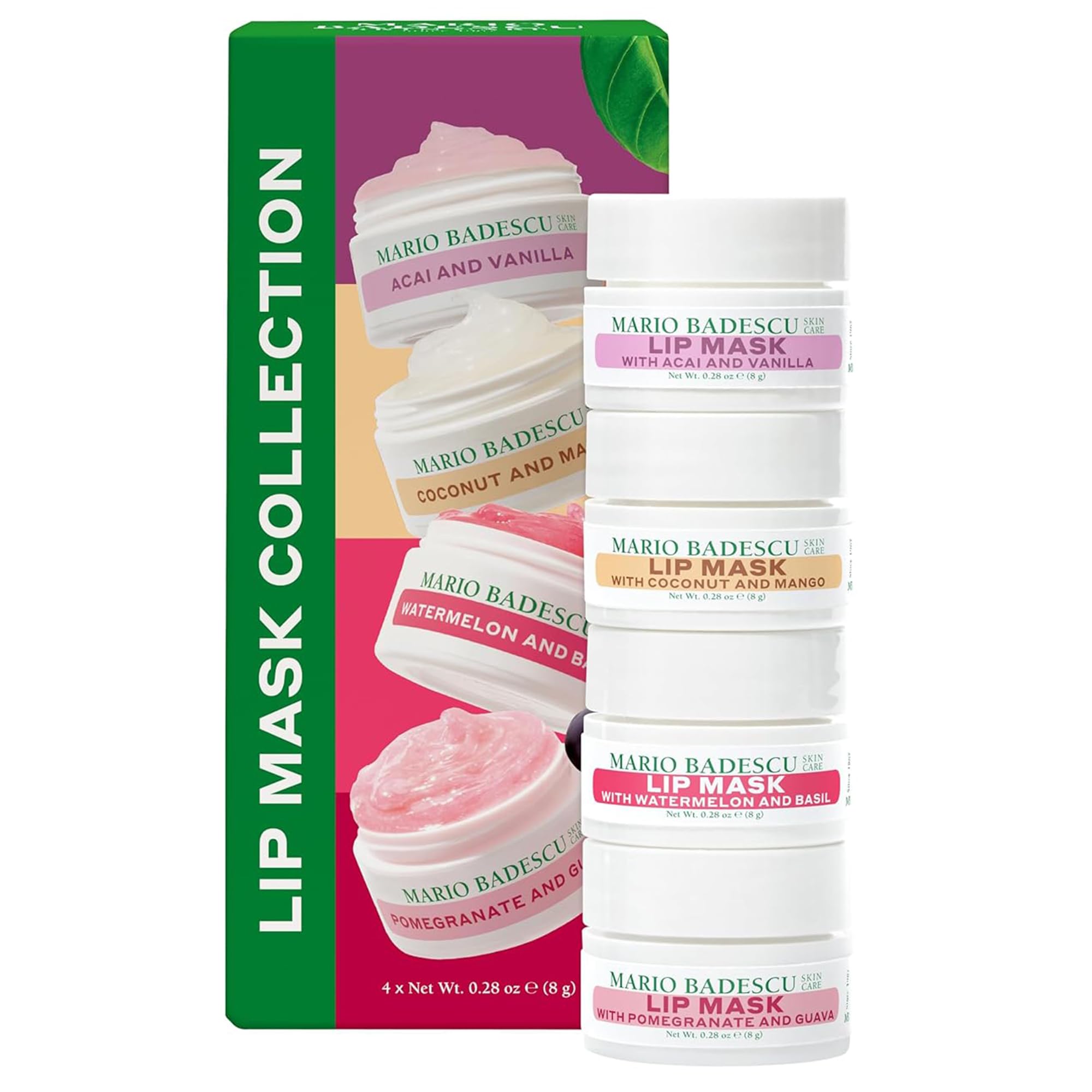 Mario Badescu Lip Mask Collection Gift Set – 4 Pc Hydrating Lip Masks for Dry Lips in Acai Vanilla, Watermelon Basil, Coconut Mango & Pomegranate Guava – Overnight Moisture & Nourishing Care