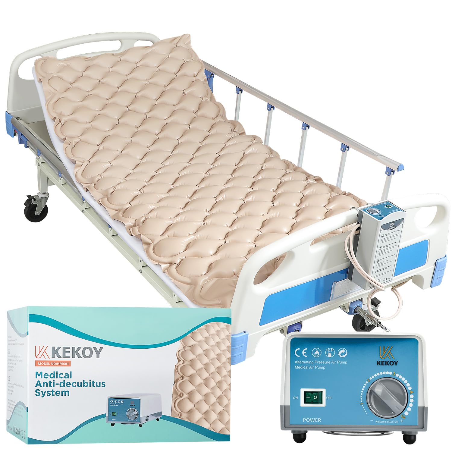 Kekoy Alternating Air Pressure Mattress Pad, Bed Sore Prevention, Hospital Bed Mattress Topper with Whisper Quiet Pump & Waterproof Heat Resistant Ulcer Cushion Pad for Home Use 75" x 35"-Beige