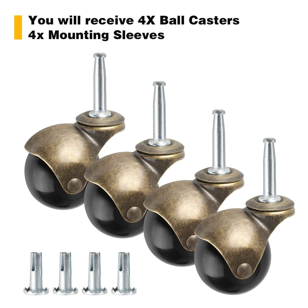 2" Ball Caster Wheels, casters Set of 4 Brass Vintage Antique Caster 5/16" x 1 1/2" (8 x 38mm) Wheels Pole with Sleeve for Furniture, Chairs, Cabinets, （casters Set of 4 Heavy Duty）