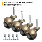 2" Ball Caster Wheels, casters Set of 4 Brass Vintage Antique Caster 5/16" x 1 1/2" (8 x 38mm) Wheels Pole with Sleeve for Furniture, Chairs, Cabinets, （casters Set of 4 Heavy Duty）