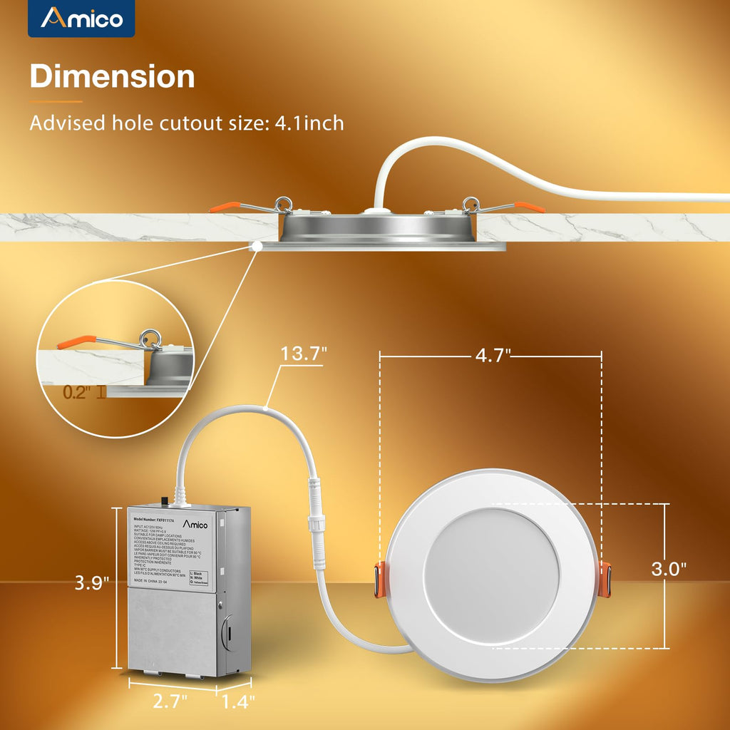 Amico 12 Pack 4 Inch 5CCT LED Recessed Ceiling Light with Night Light, 2700K/3000K/3500K/4000K/5000K Selectable Ultra-Thin Lighting, 10W=90W, 700LM, Dimmable Canless Wafer Downlight - ETL&FCC