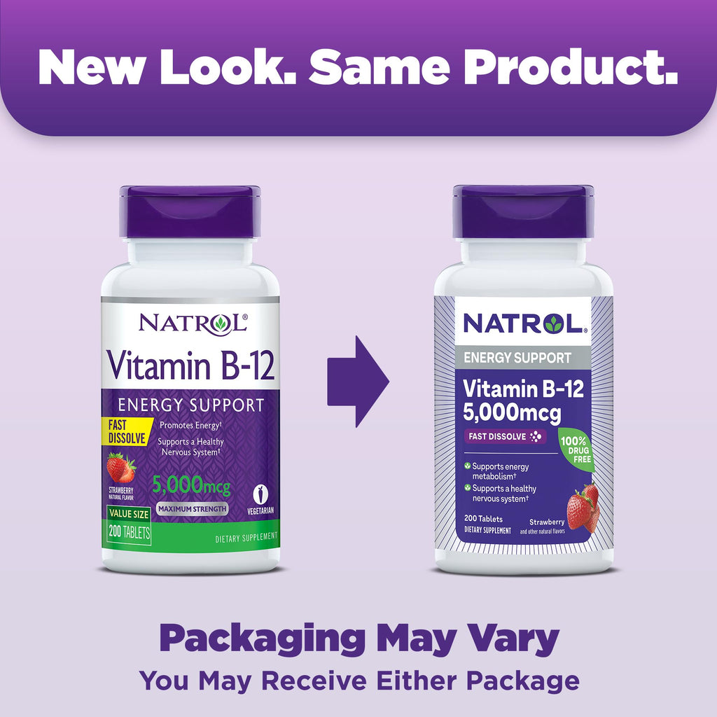 Natrol B12 Vitamins 5000 mcg, Fast Dissolve Vitamin B12 Supplement Supports a Healthy Nervous System and Energy Metabolism, 200 Tablets, Up to a 200 Day Supply