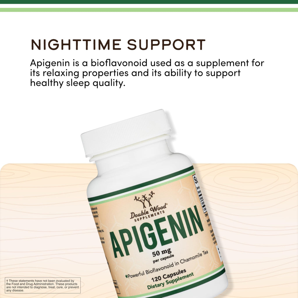 Apigenin Supplement - 50mg per Capsule, 120 Count (Powerful Bioflavonoid Found in Chamomile Tea for Relaxation, Sleep, and Mood) Senolytic Flavonols for Aging (Gluten Free) by Double Wood